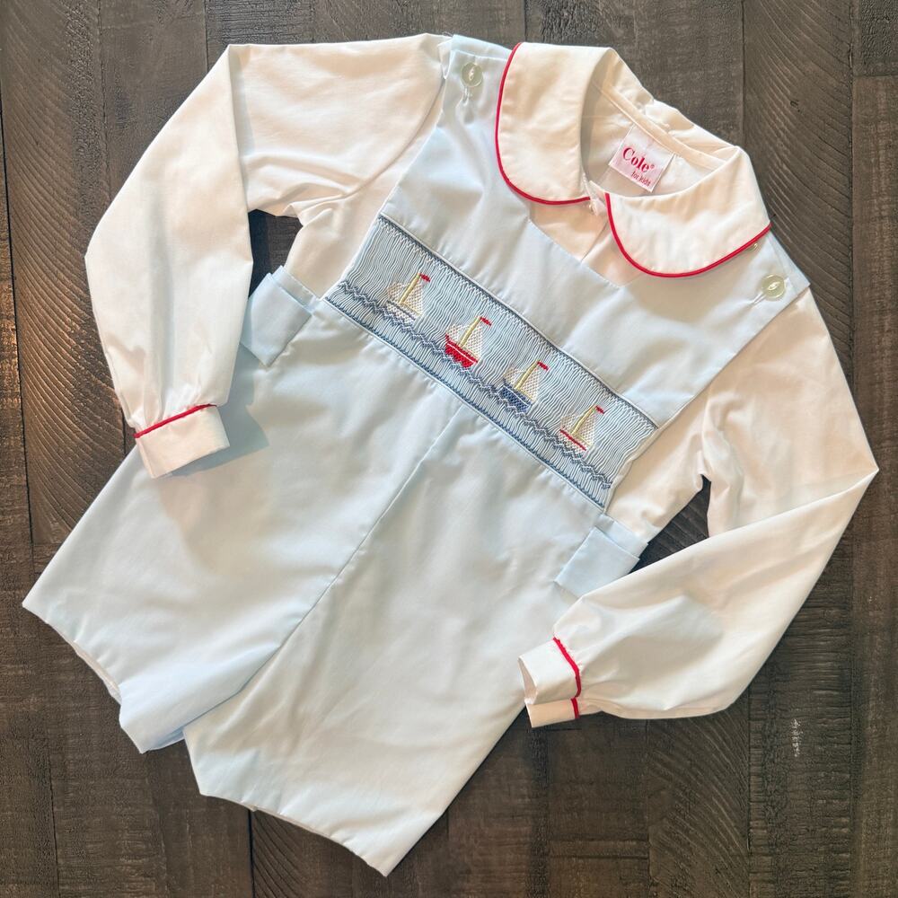 Cole for Kids Smocked Sailbot Romper Boy Size 4 Blue White Heirloom Long Sleeve